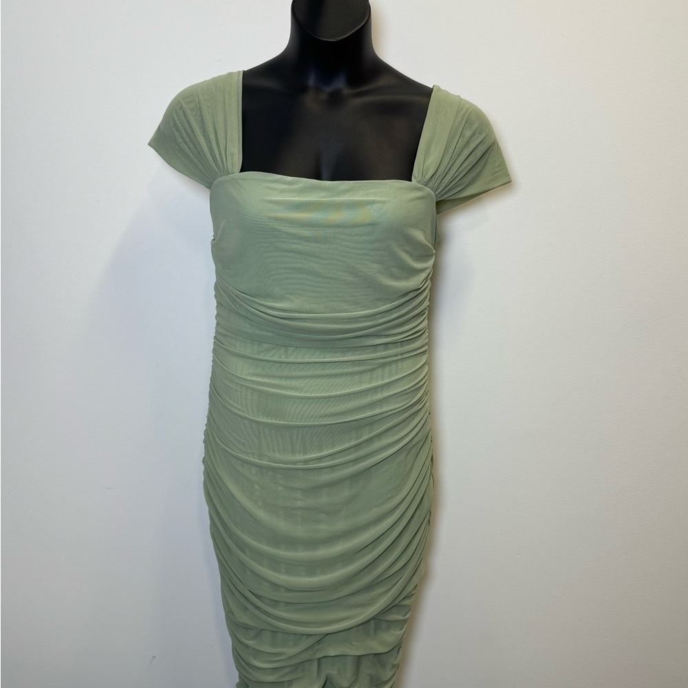 Sage Green Ruched Mesh Midi Dress 1XL Curve